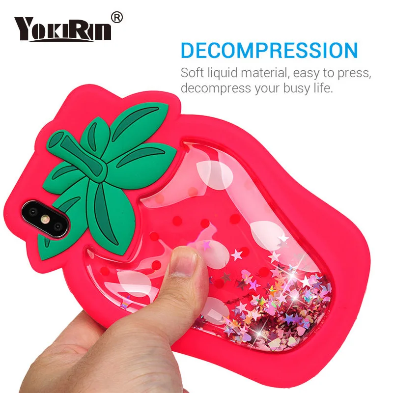 Phone Case 3D Strawberry Liquid Quicksand Glitter Case For