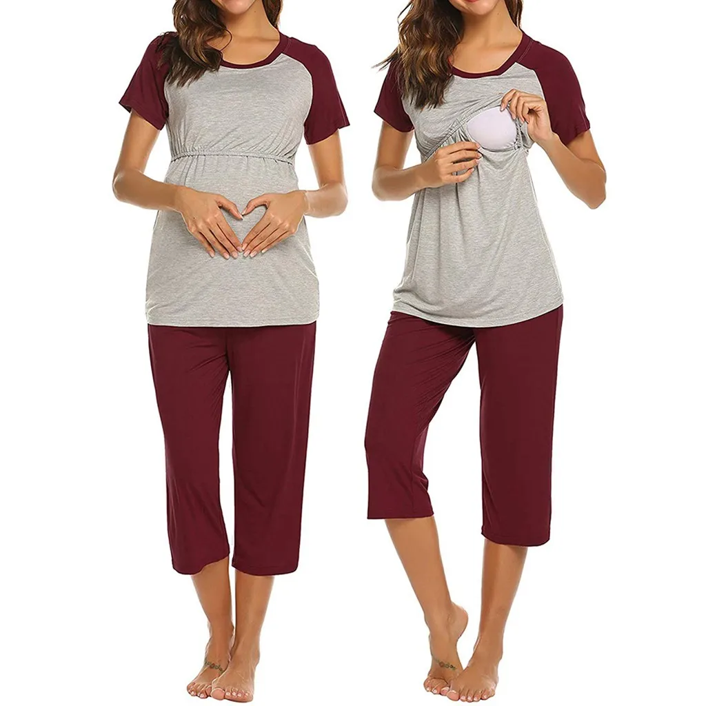 MUQGEW/женское материнское Грудное вскармливание, топ с короткими рукавами для кормящих детей, футболка+ 4/3 штаны, пижамный комплект пижам для матерей# Y3