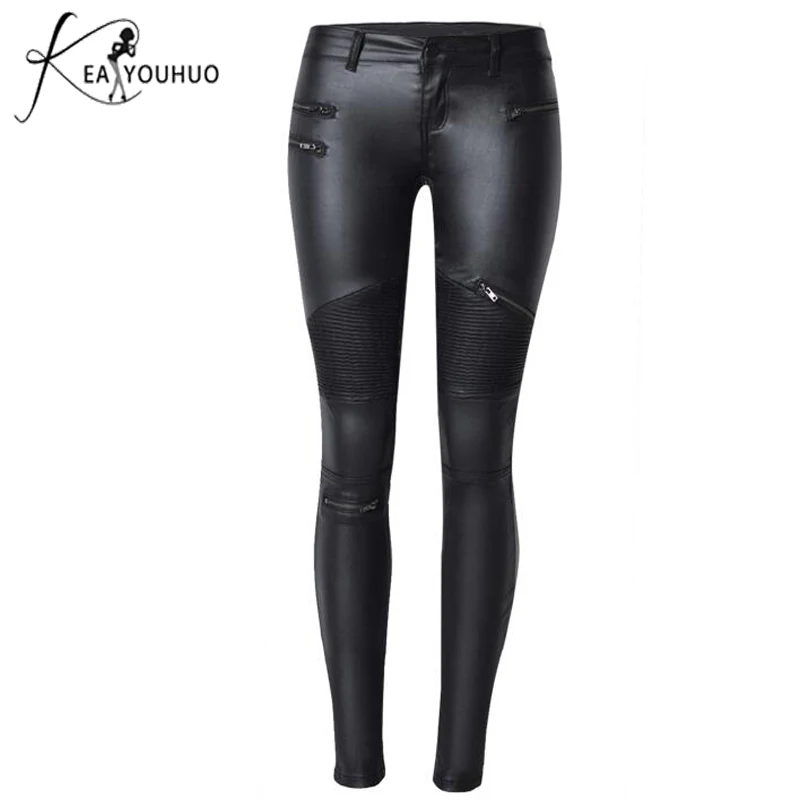 Motorcycle 2018 Winter Trousers Women PU Leather Pants Zipper Fly High
