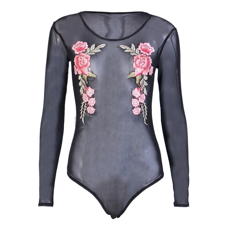 2018 Summer Bodysuits Floral Embroidery Rompers Womens Round Neck See