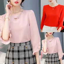 Women Chiffon Shirt2019 Women Summer Work Office V Neck Ruffles Sleeve Solid Chiffon Blouse Shirt Top