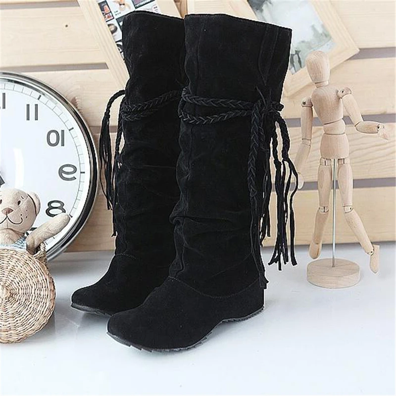 COVOYYAR кисточки бахрома Для женщин сапоги высотой выше колена сапоги до колена удобная обувь на низком каблуке, теплые зима-осень обувь размеров 34-43 WBS560 - Цвет: Черный