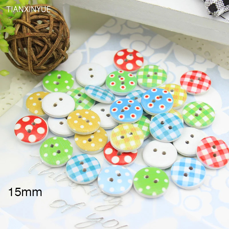 

100PCS Mixed color 15mm polka dot polka dot rustic plaid handmade diy accessories small wooden buttons Sewing Supplies