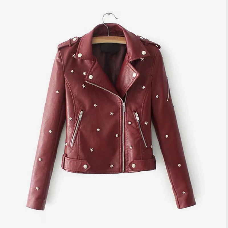 À Veste Zipper Coupe Biker En Noir Femmes Longues Femelle vent Étoiles Hiver Courte Manches Moto Ceinture Automne blanc Pu Multy rose rouge Rivet Faux Manteau Cuir jaune Punk xUZ0n0qwzt