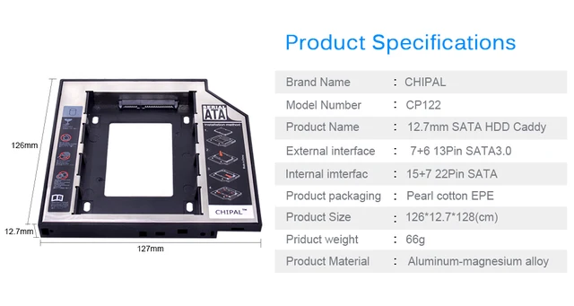 CHIPAL 2nd HDD Caddy 12.7mm Aluminum Optibay SATA 3.0 Hard Disk Drive Box Enclosure DVD Adapter 2.5 SSD 2TB For Laptop CD-ROM -