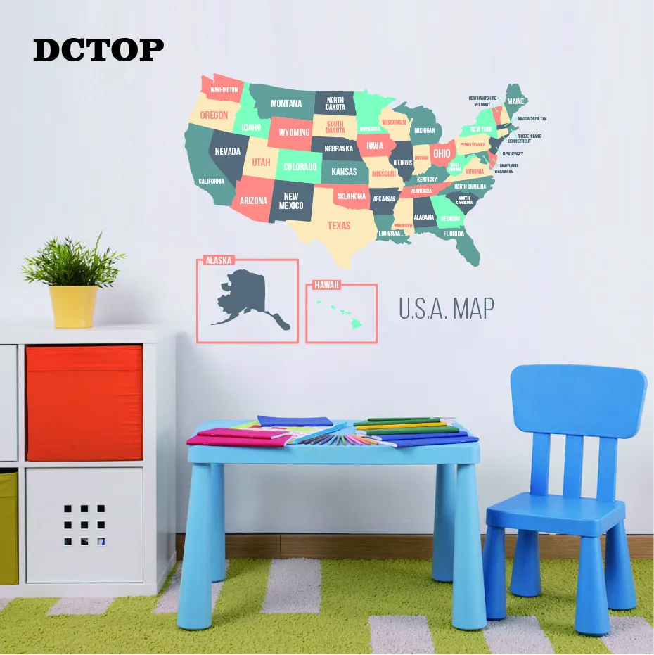 Pretty Color USA Map American States Map Wall Decal Kids Children's Art Vinyls Stickers Living Room Home Decorative Wallpaper (7)