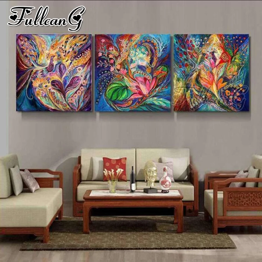 

FULLCANG diy 5d diamond embroidery animals abstract peacock triptych painting 3pcs full square/round drill mosaic pattern FC1158