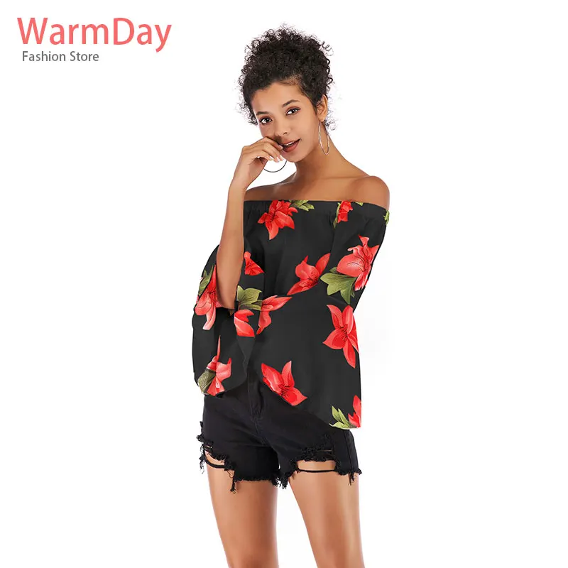 

warmday 2019 summer women chiffon off shoulder black ruffle floral cotton print flare sleeve elegant blouse cold shoulder tops