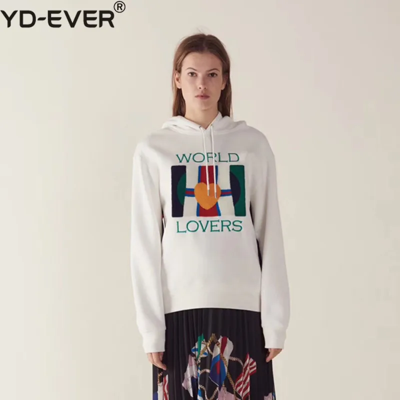 

Women White Letter Embroidery Loose Hooded Hoodie