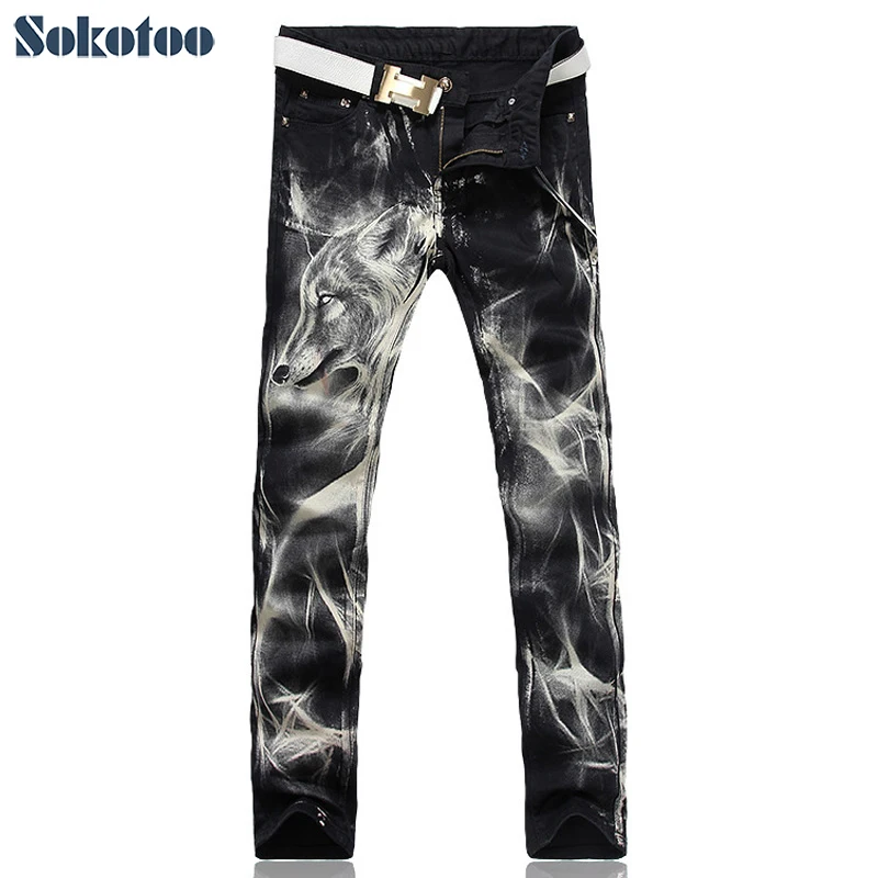 Sokotoo Men's fashion wolf print stretch denim jeans Slim black painted straight pants Long trousers Sokotoo Men's fashion wolf print stretch denim jeans Slim black painted straight pants Long trousers
