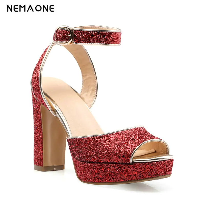 

Size 34-43 New Summer Peep Toe Ankle Strap Red Green Blue Silver 4color Thick High Heel Sandals Platform Lady Women Shoes