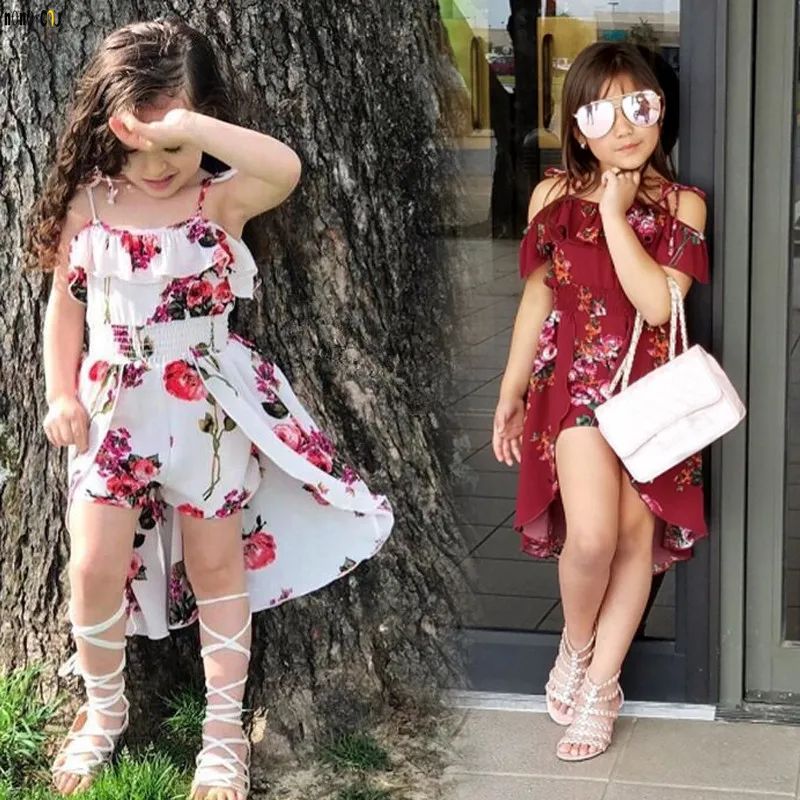 

Summer Sling Floral Dress Girl Princess Elegant Ruffles Irregular Culotte Dresses Beach Child Girls Clothes 3 4 6 7 8 10 12 Year