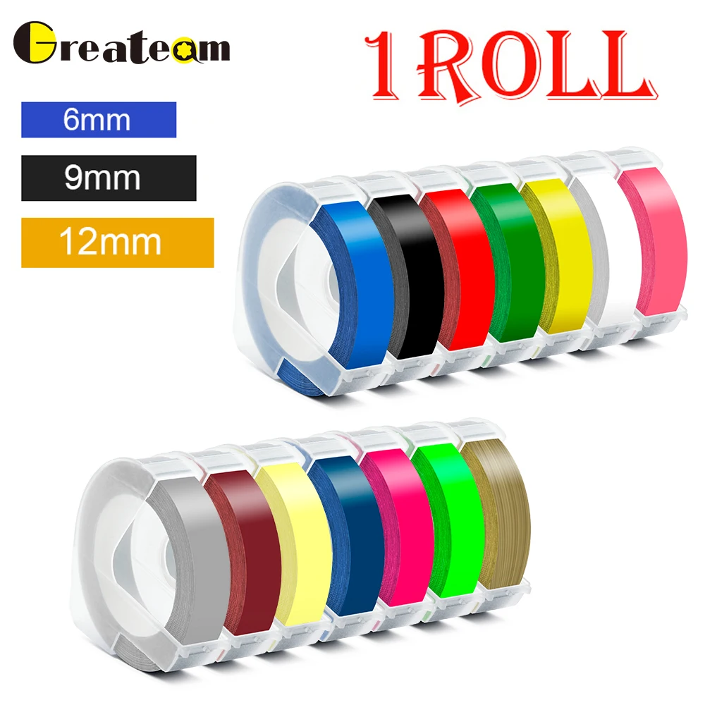 

1Roll 6/9/12mm 3D Embossing PVC Label Tapes Compatible Dymo 1610 1880 12965 Manual Label printers for Motex E101 Label Makers