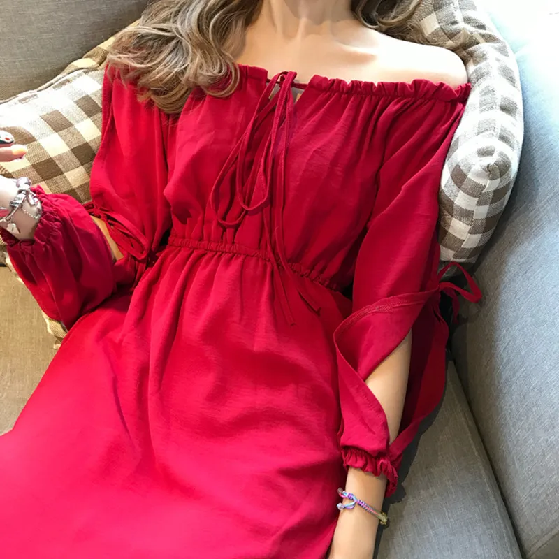 

Bohemian Off Shoulder Beach Dress Long Side Slit Vintage Sexy Dress Vocation Hollow Out Tie Robe Longue Vestido Largo Vestiti