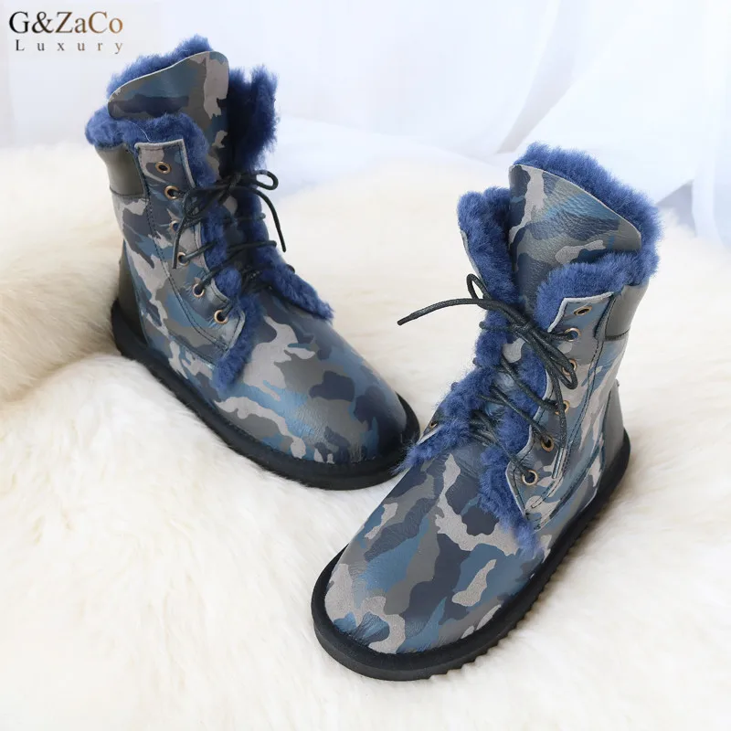 

G&Zaco Luxury Sheepskin Snow Boots Lace Natural Sheep Fur Knight Boots Winter Female Flat Wool Mid calf Genuine Leather Boots