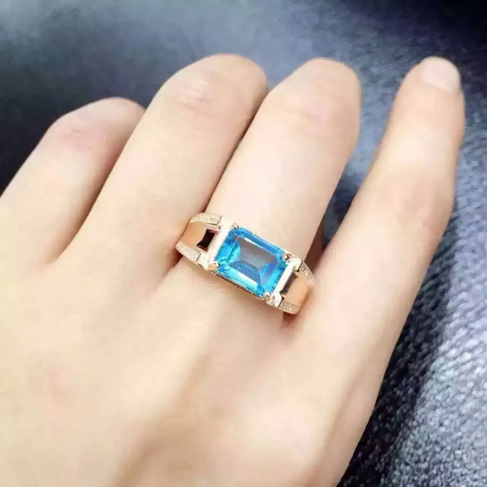 Natural Blue Topaz Gemstone with 925 Sterling Silver Ring for Men's AJ479