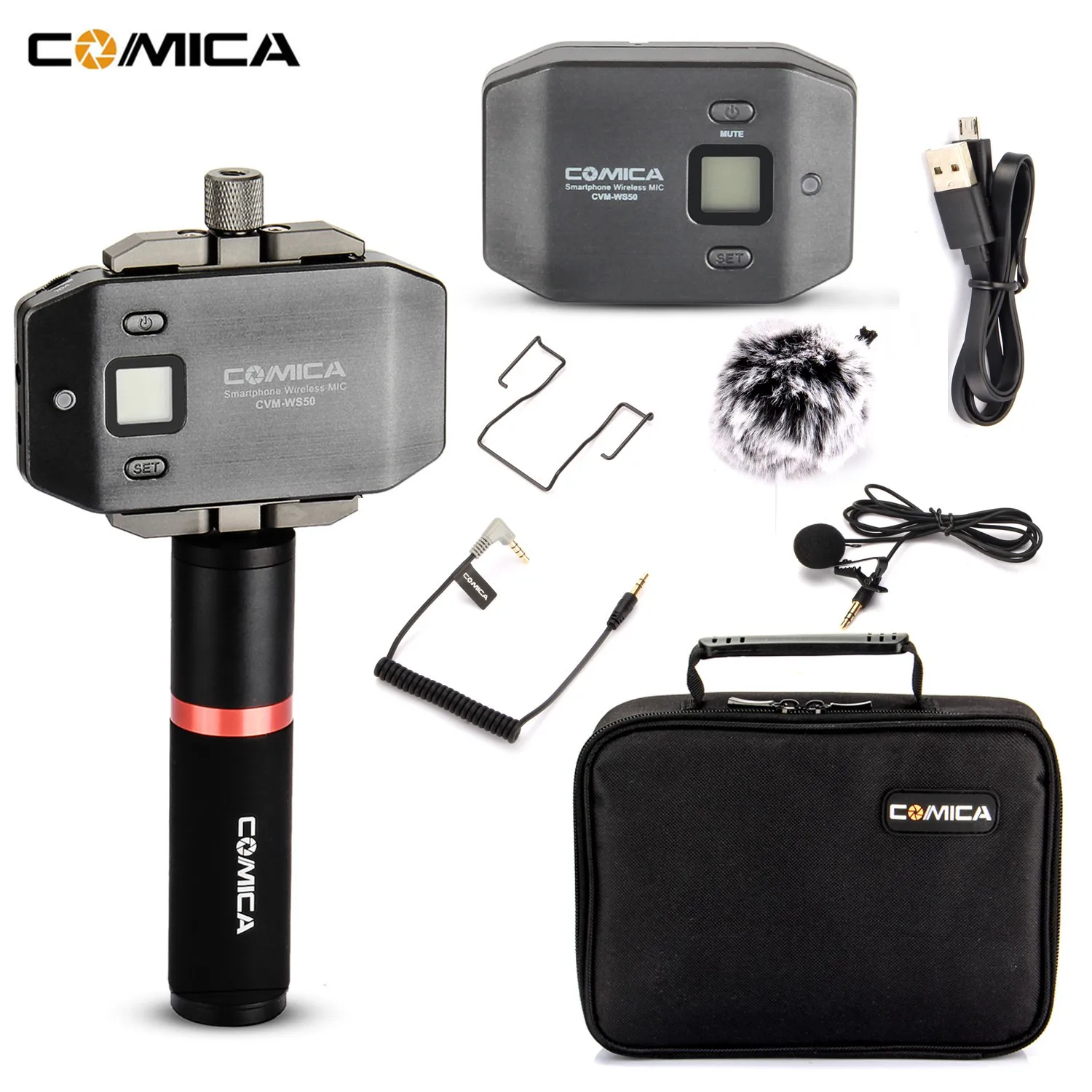 Comica CVM-WS50(B) Wireless Lavalier Microphone External lapel Mic with Handle Grip for iphone Camera DSLR Smartphone Android