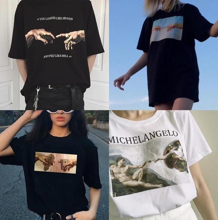 Kaufen Kuakuayu HJN Michelangelo Sistina Harajuku Ulzzang T shirt Kunst T shirt Van Gogh T Shirt Femme Kleidung Kurzarm T shirt
