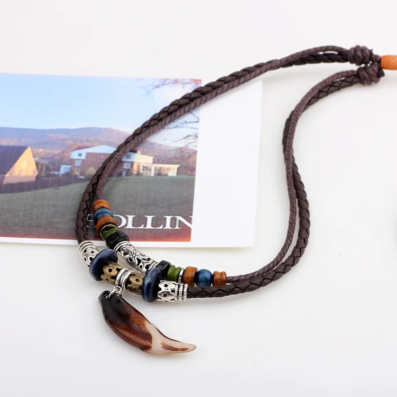 Vintage Tribal Boheme Wolf Tooth Necklace Braided Leather Rope Multi Layer Tibetan Beads Neckless Bohemian Jewelry LN066