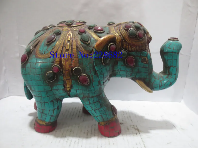 

100% Collection Of Rare Tibetan Imitation Turquoise Inlaid More Stones Elephant Statue/old Handwork Sculpture