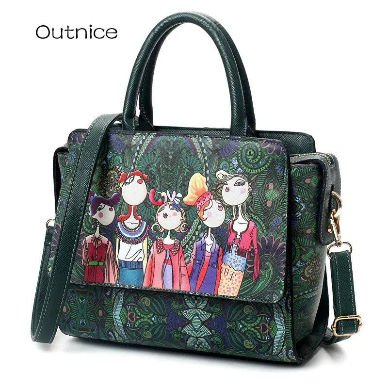 

Fashion Dark Green Forest Cartoon Printing Women Pu Leather Messenger Top-handle Bags Female Retro Flap Shoulder Bag Handbag