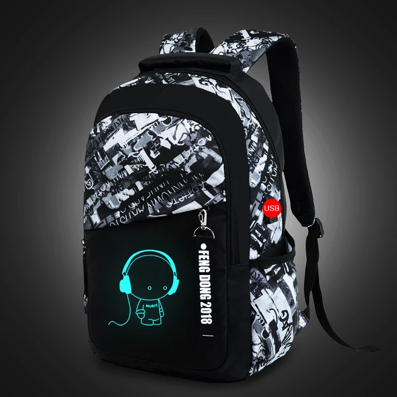 Lukatu человек USB школьная сумка тренд студенческий рюкзак для ноутбука для мальчиков-подростков, 2 шт./компл. Doodle шаблон Школьный Рюкзак многофункциональные сумки - Цвет: Black white