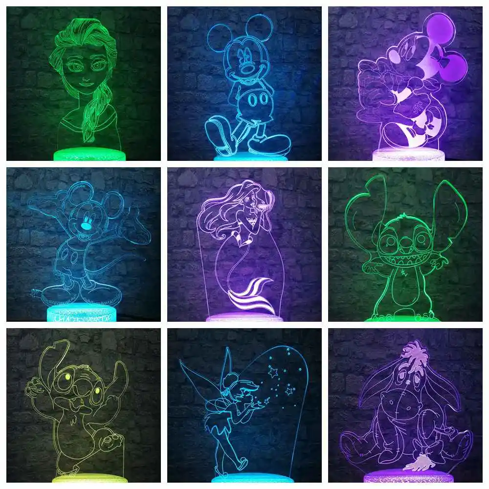 

Drop shipping Mermaid Stitch Mickey Minnie 3D LED Lamp Table Night light RGB Blub Home Decor Child Christmas Gift Kid Toy Crack