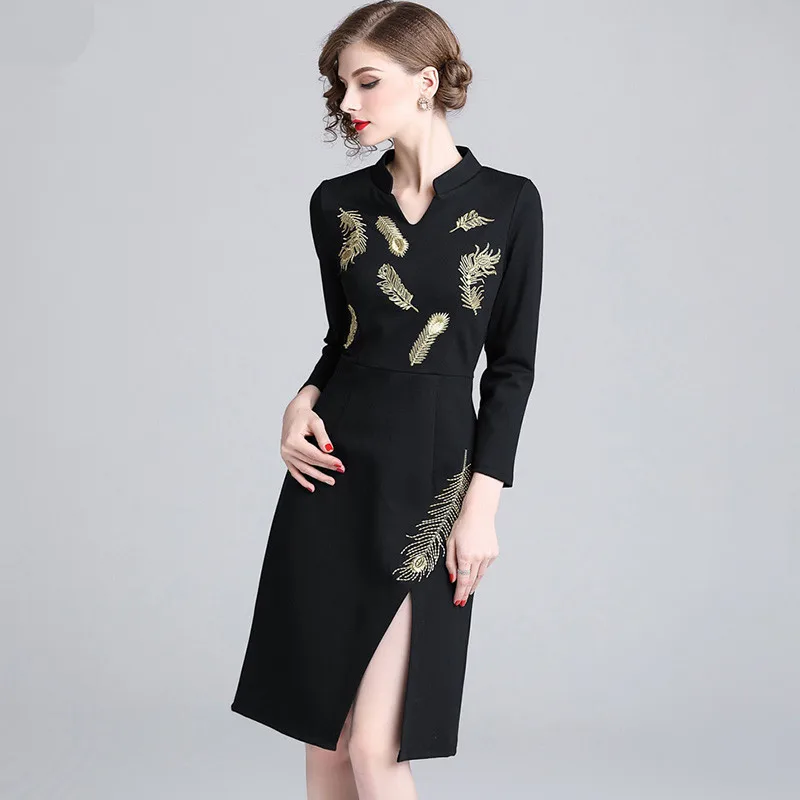SunnyYeah Вышивка Черный Карандаш Bodycon платье Для женщин миди элегантное 2019 весна