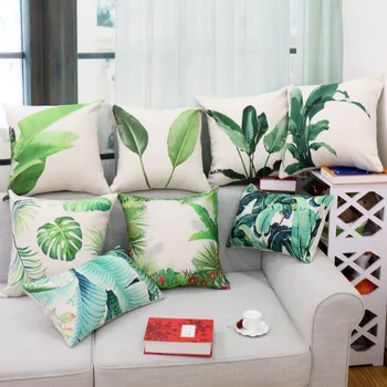 

Tropical Plants Palm Leaf Green Leaves Monstera Cushion Covers Hibiscus Flower Cushion Cover Decorative Beige Linen Pillow Case