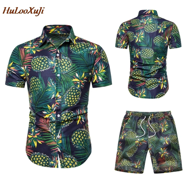 HuLooXuJi Для мужчин летние комплекты Модные Зеленые Цветочный принт короткий рукав рубашки + шорты комплект из двух предметов спортивные