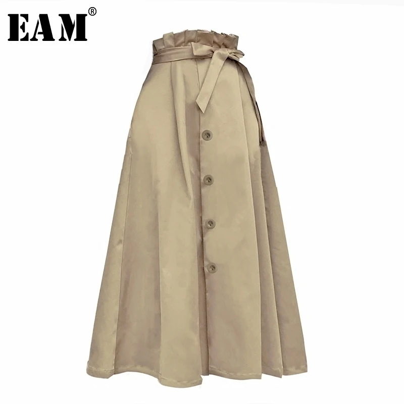 [EAM] новая весенняя модная одежда цвета хаки с регулируемой талией, однобортная простая универсальная винтажная Женская юбка S839
