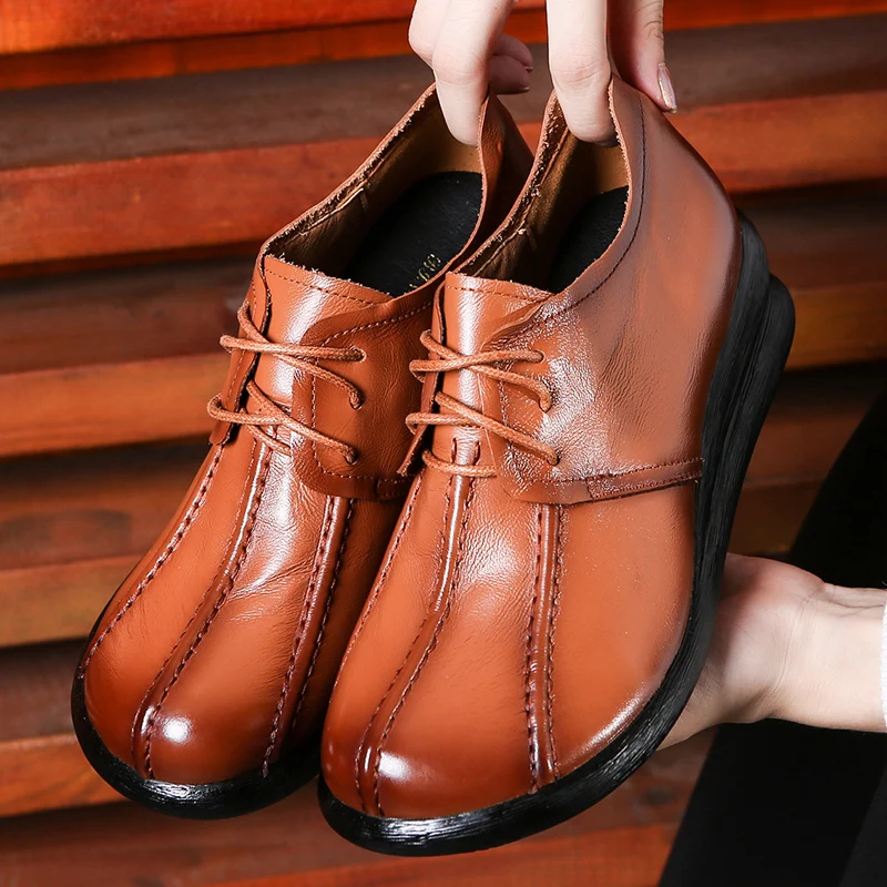 

Women Leather Pumps 6 CM High Heels Flower Wedge Shoes For Women Leather Pumps Lace Up Shoes Handmade Women Heels Black