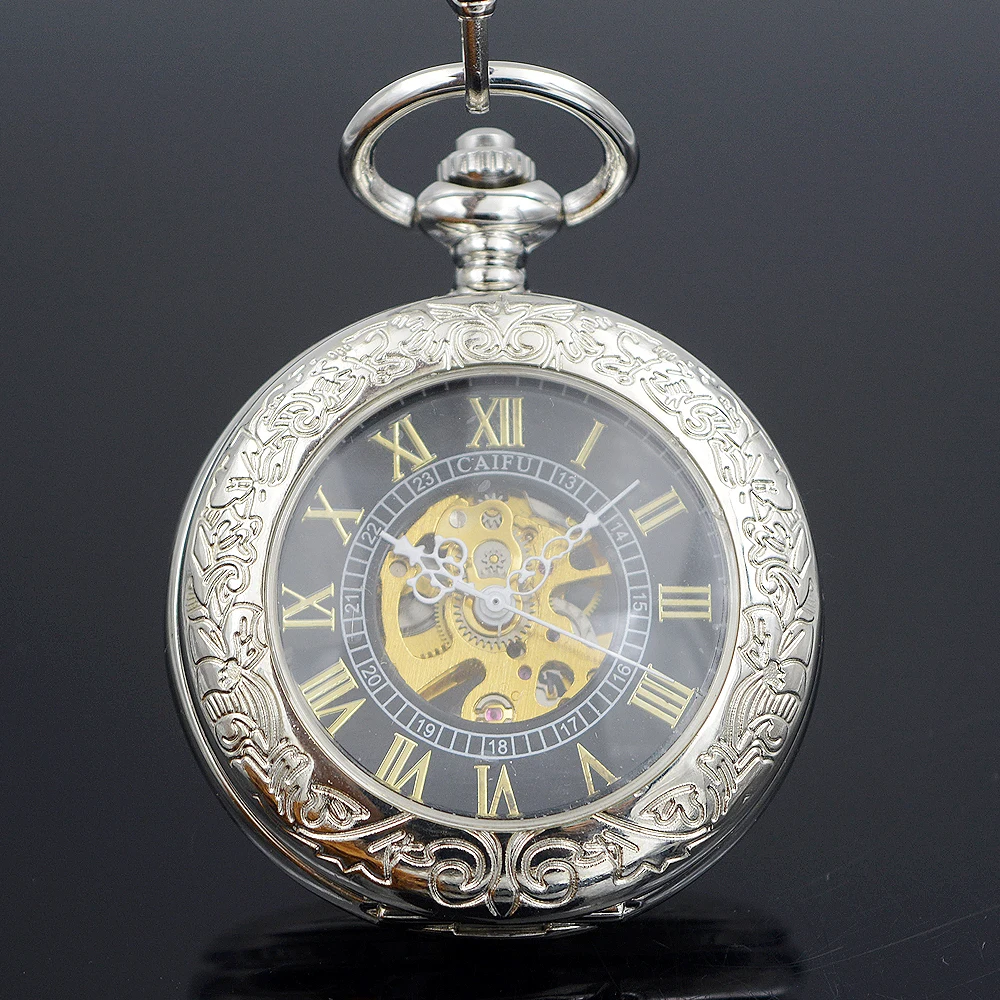 

Steampunk Skeleton Male Clock Transparent Mechanical Silver Case See Though Face Retro Ver Vintage Pendant Pocket Watch Gift