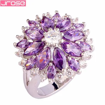 

JROSE Wholesale Flower Gift Classic Wedding Purple & White Cubic Zircon Silver Ring Size 7 8 9 10 11 12 13 Women Party Jewelry