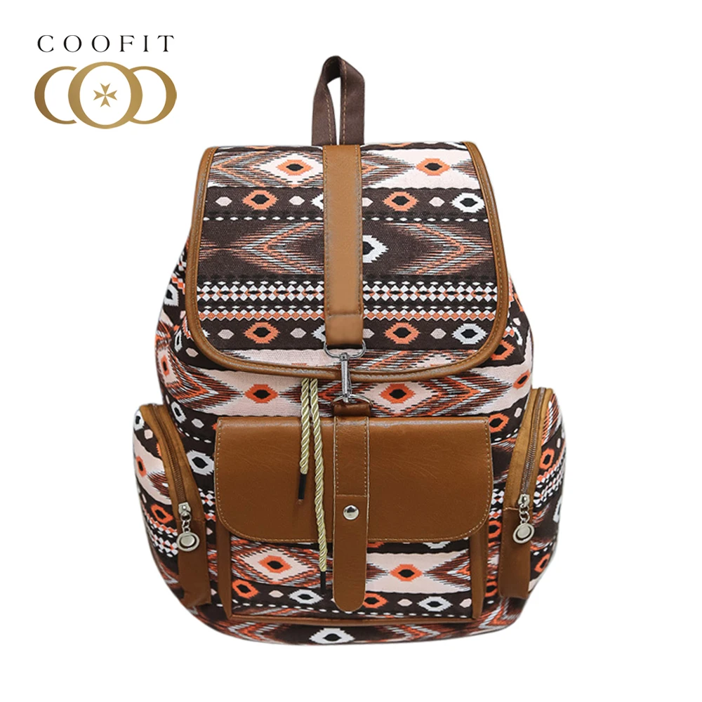 

Coofit Vintage String School Backpack For Children Girls Womens Canvas Bagpack With Flap Cover Geometric Pattern Satchels Bag