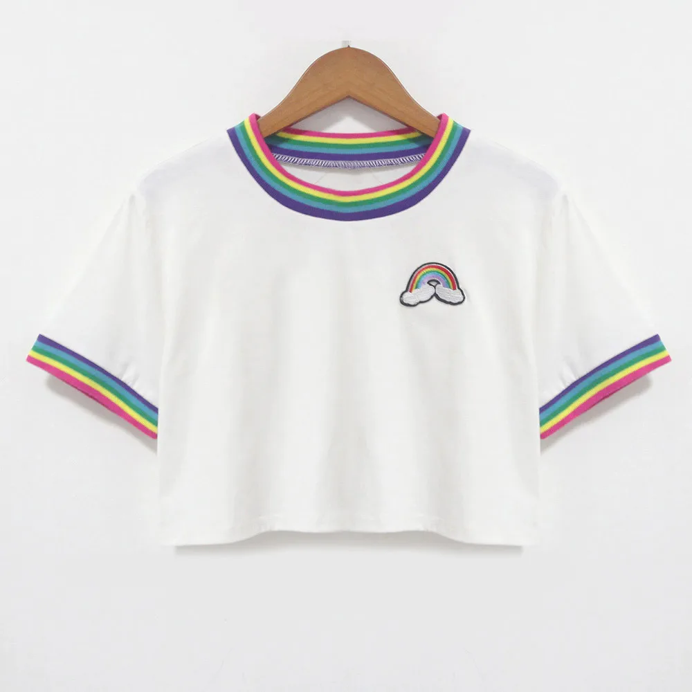 

Female print short sleeve t-shirt Summer Women Casual Rainbow Printed Top girl Crop Tops female round neck rainbow maglietta don