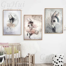 Modern Rabbit Girls Angel Cartoon Canvas Painting Spray Color Art Poster Kids Baby Nursery Room Scandinavian Wall Murals