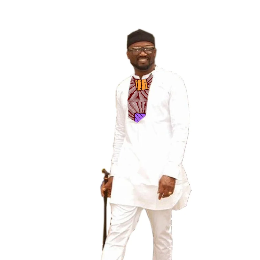Мужская Африканский принт и белый Для мужчин комплекты воротник-стойка Топы + брюки комплекты одежды праздничный костюм Африка Для мужчин