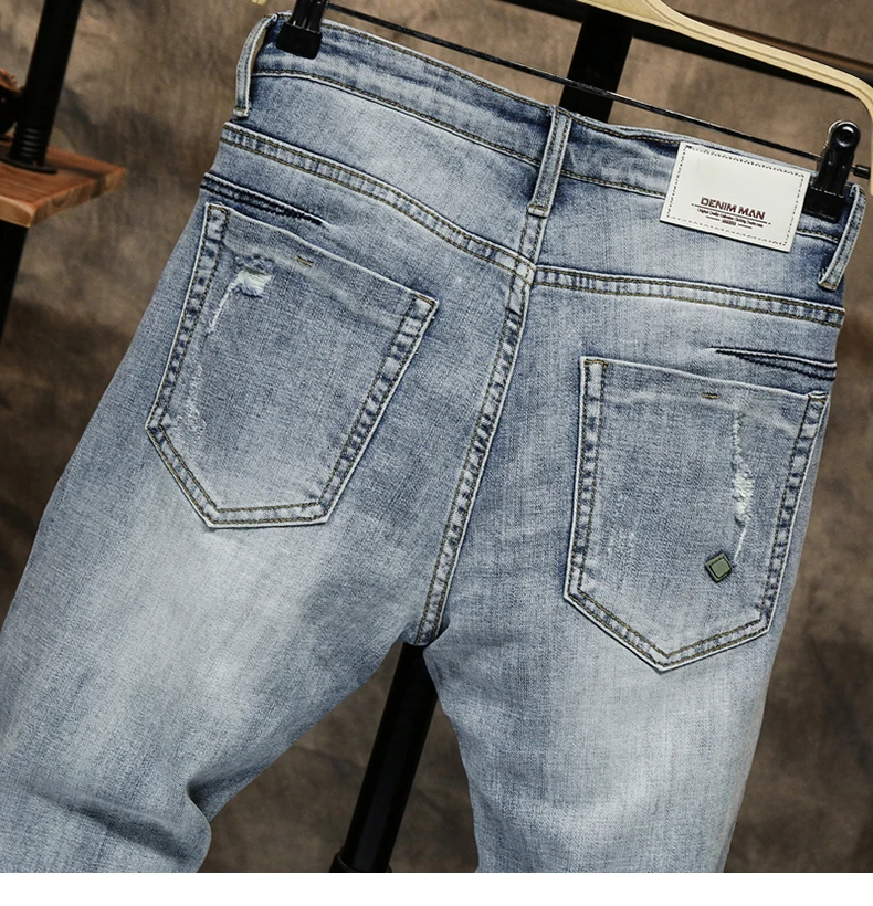 Ripped Jeans for Men Skinny Light Blue Gray Stretch Slim Leg Streetwear Distressed Moto Biker Jeans