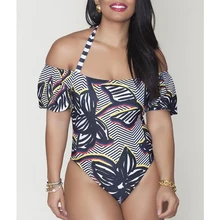 Летний сексуальный слитный купальник с открытыми плечами большого размера, женское Полосатое облегающее бикини с принтом размера плюс