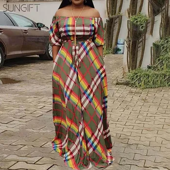 

SUNGIFT African Dress For Women Dashiki Adjusted Waist Tie Off Shoulder Maxi Dress Unique Print 2019 Summer Mix Color Dresses
