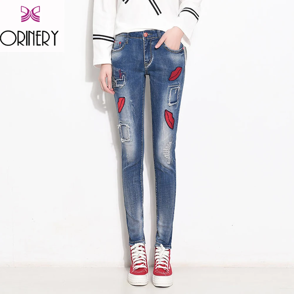 

ORINERY Women Jeans Fashion Lip Pattern Skinny Ripped Jeans Pants Ladies Patchwork Cross Denim Mid Waist Plus Size
