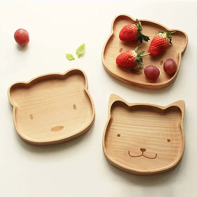 

Cute Children Wood Cartoon Tray Bear Cat Pattern Food Tray Snack Dish for Kids Kitchen Table Decor Accessories for Bread Salad