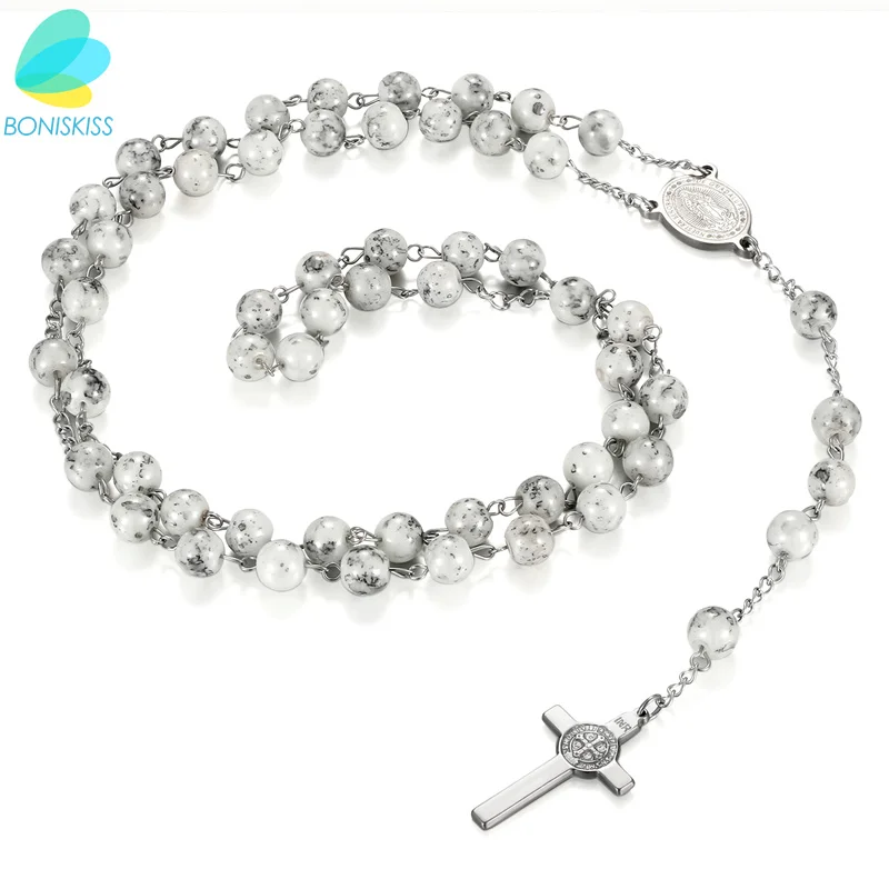 Boniskiss 2017 Bead Chain Jesus Christ Cross Stainless Steel Pendant Statement Necklace For Women Collier Femme Jewelry