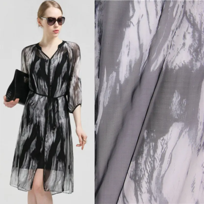 

black white printed silk chiffon fabrics for silk dress