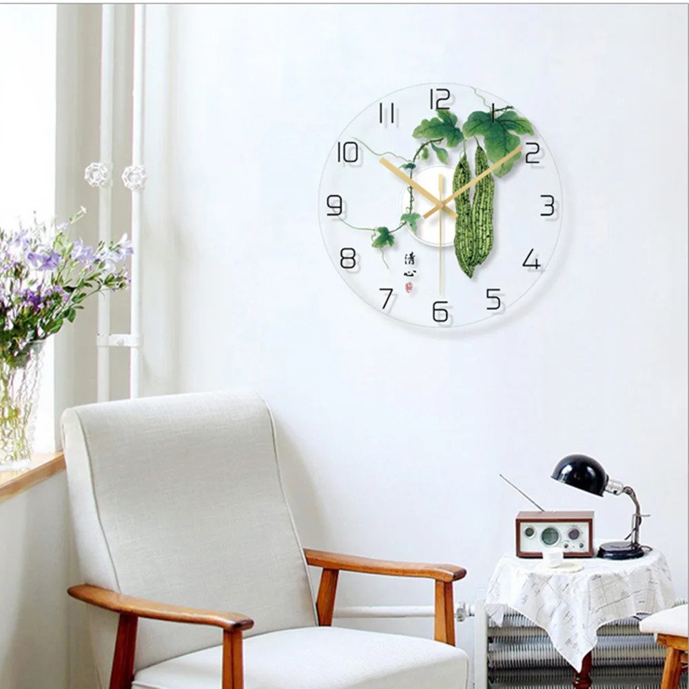 Китайские элементы стеклянные часы бытовые немой гостиной спальни минималистичные современные декоративные настенные часы кварцевые круглые часы