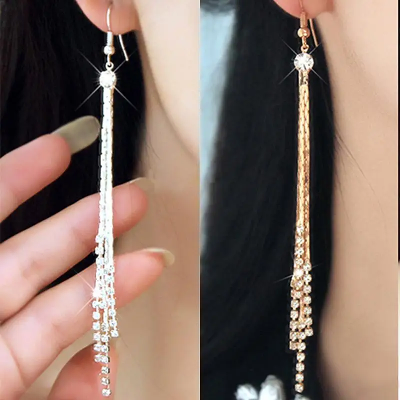 

1Pair Women's Silver Rhinestone Alloy Long Tassels Drop Hook Dangle Cocktail Party Linear Earrings