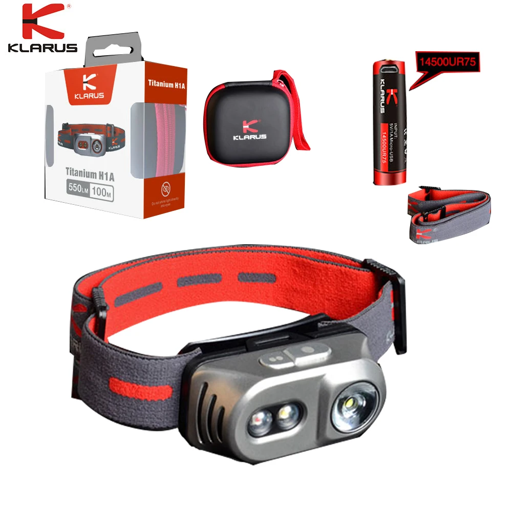

KLARUS H1A Titanium Headlight CREE XP-L V6 LED max 550 lumen headlamp mini head light + 14500 li-ion USB rechargeable Battery