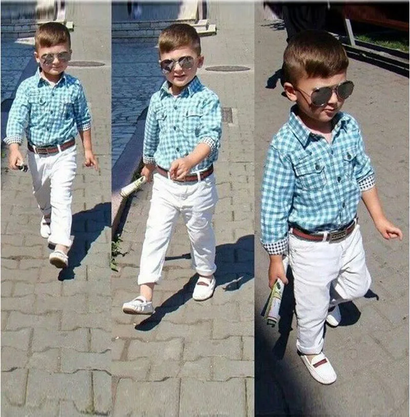 Casual Children boys clothing sets blue  Long sleeve shirt+ pants white +belt 3 pcs kids clothes boys spring autumn suit DY108C