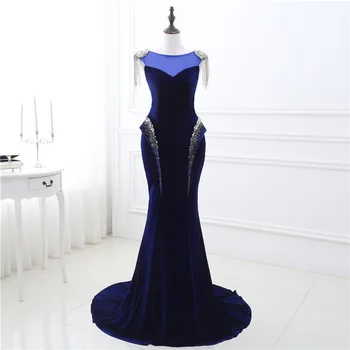 

Elegant Royal Blue Long Mermaid Prom Dresses with Beaded Sequined Velour Red Carpet Dress Formal Evening Party Gown